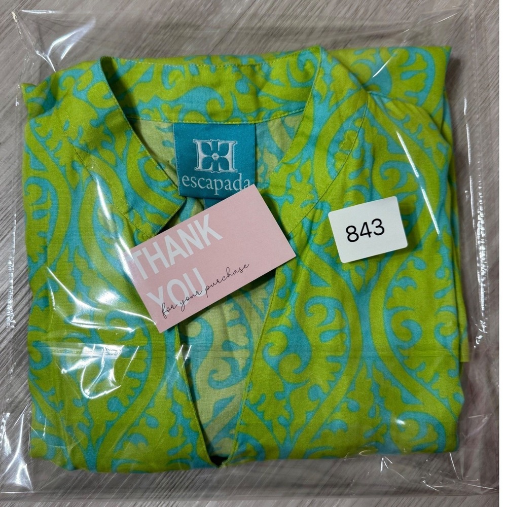 Escapada Womens Tunic Top L Lime Green Turquoise Blue Damask 3/4 Sleeve V-Neck - Picture 11 of 11